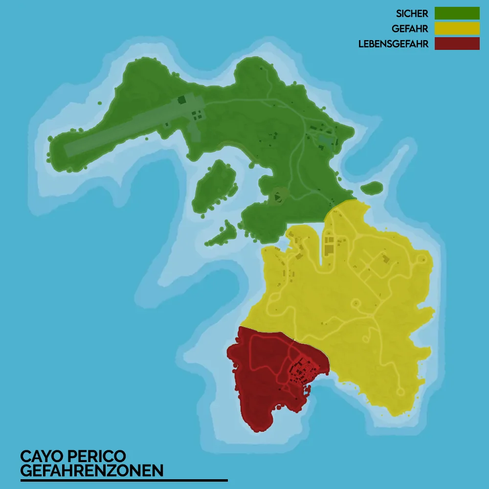 Cayo Perico Gefahrenzonen: Norden sicher, Mitte Gefahr, Südwesten Lebensgefahr